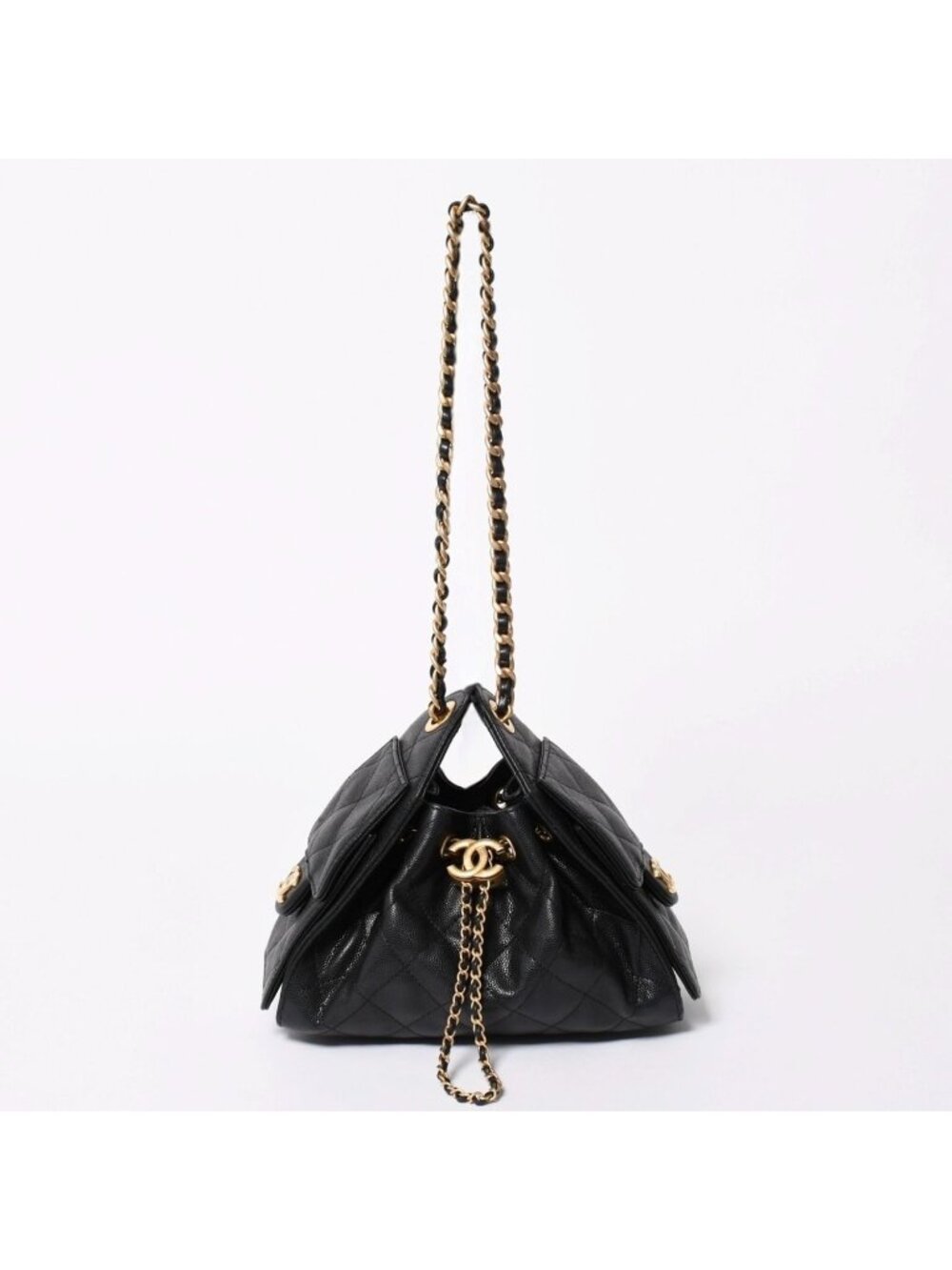 Chanel 25 Medium Chain Bag CC Logo Caviar Leather Black